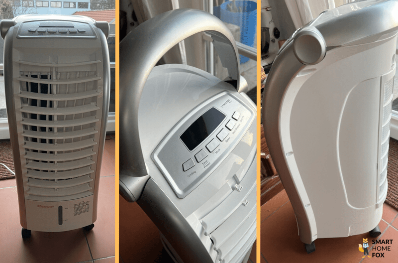 Eine leise mobile Klimaanlage ohne Abluftschlauch wird im Test gezeigt zu sehen sind auch Kühlakkus im Wasserbehälter.